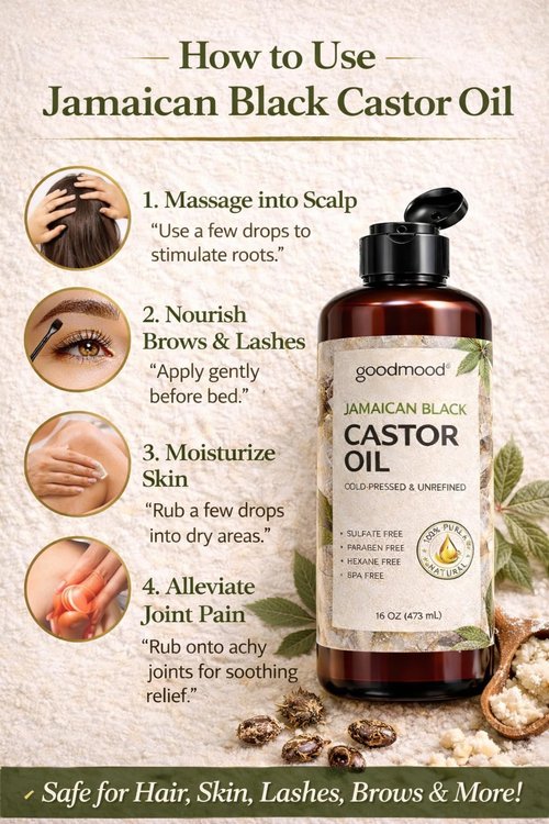 GOODMOOD Jamaican Black Castor Oil, 16 oz, Organic Cold Pressed Unrefined, Pure Castor Oil for Hair Growth, Skin Care, and Belly Fat