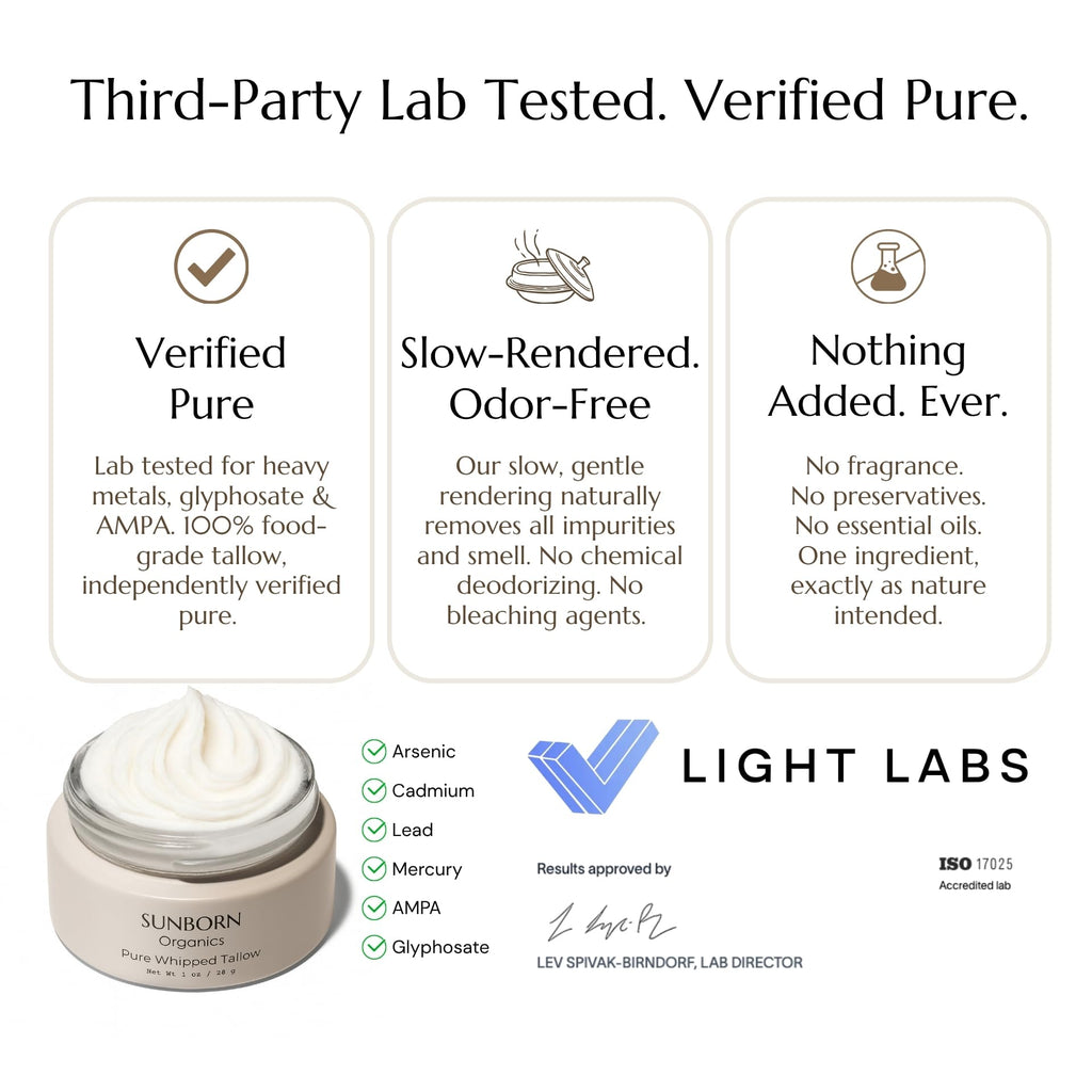 Sunborn Organics Pure Whipped Tallow Balm | 100% Organic Grass-Fed Beef Tallow Face Moisturizer & Lip Balm (4oz, Vanilla Hint)