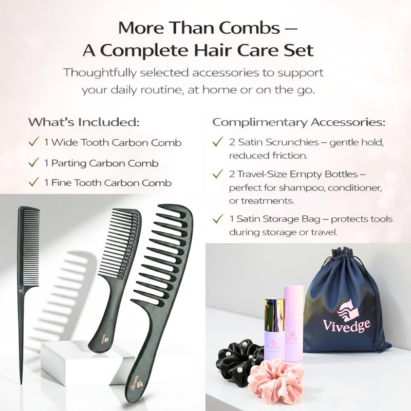 Vivedge Carbon Fiber Hair Comb Set for Curly Hair Woman|Wide Tooth Comb, Parting, Fine Tooth for Detangling, Styling for Natural Fine Straight to Curly, Thick, Wet or Dry Hair (Black-Pink)