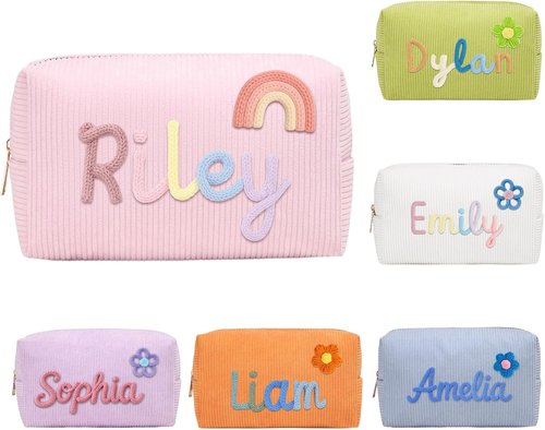 KAINSY Personalized Corduroy Makeup Bag - Custom Name & Pattern Design | Small Travel Cosmetic Pouch