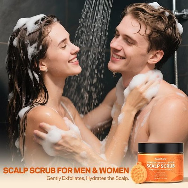 AMOADO Scalp Scrub, Pumpkin Seed Oil Scalp Exfoliator With Biotin & Rosemary, Sulfate Free Scalp Detox for Itchy Scalp & Dandruff & Buildup Removal & Hair Growth, Hair Scrub with Scrubber