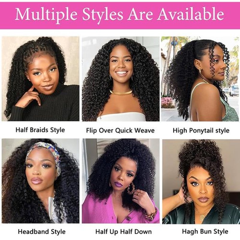 Half Wig Human Hair Afro Kinky Curly Wigs for Black Women 200 Density Glueless Wigs 100% Human Hair Ready to Go 3 In 1 Seamless Flip Over Drawstring Headband Wig for Women Clip in No Sew In 18 Inch