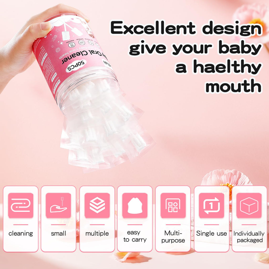 RoseFish 50Pcs Baby Tongue Cleaner for 0-36 Month No Glue Disposable Baby Mouth Oral Cleaner Infant Toothbrush Gum Cleaner 3D Soft Infant Tongue Cleaner+1PCS Finger Toothbrush