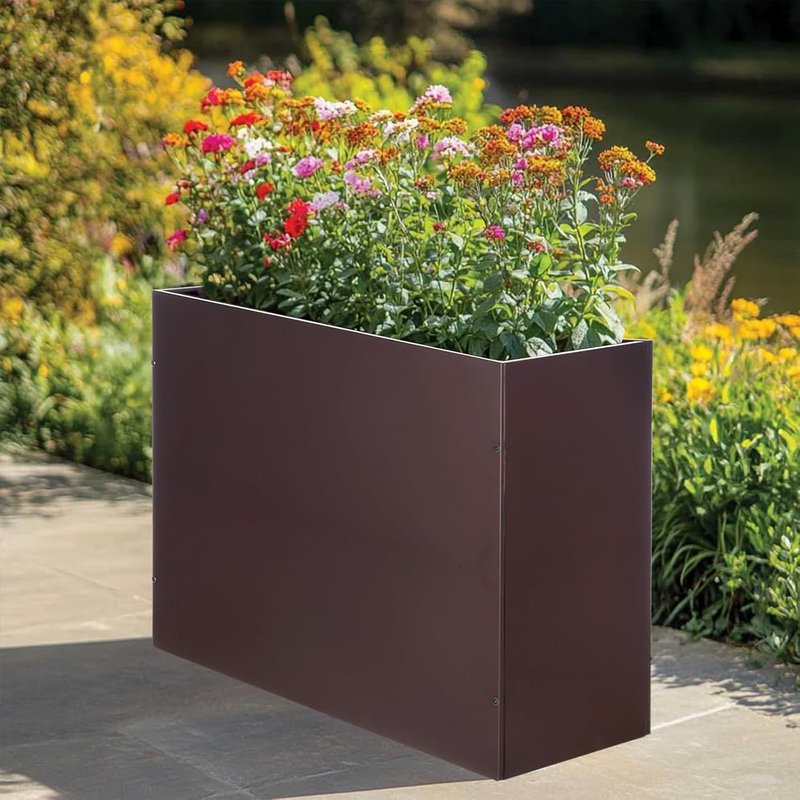 BAYN Metal Rectangular Planter Box - Modern Heavy-Duty Outdoor Planter with Drainage Holes | Brown, 32” x 12” x 24”