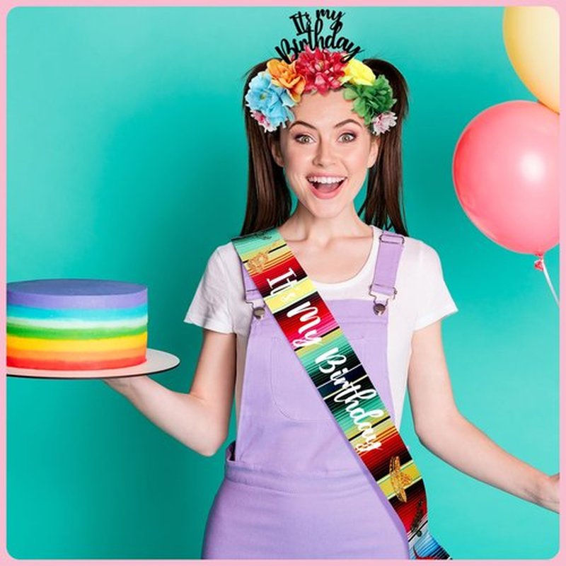 Hoteam 2 Pcs It's My Birthday Headband and Sash Mexican Flower Crowns Cinco de Mayo Satin Sash Fiesta Birthday Tiara Crown for Women