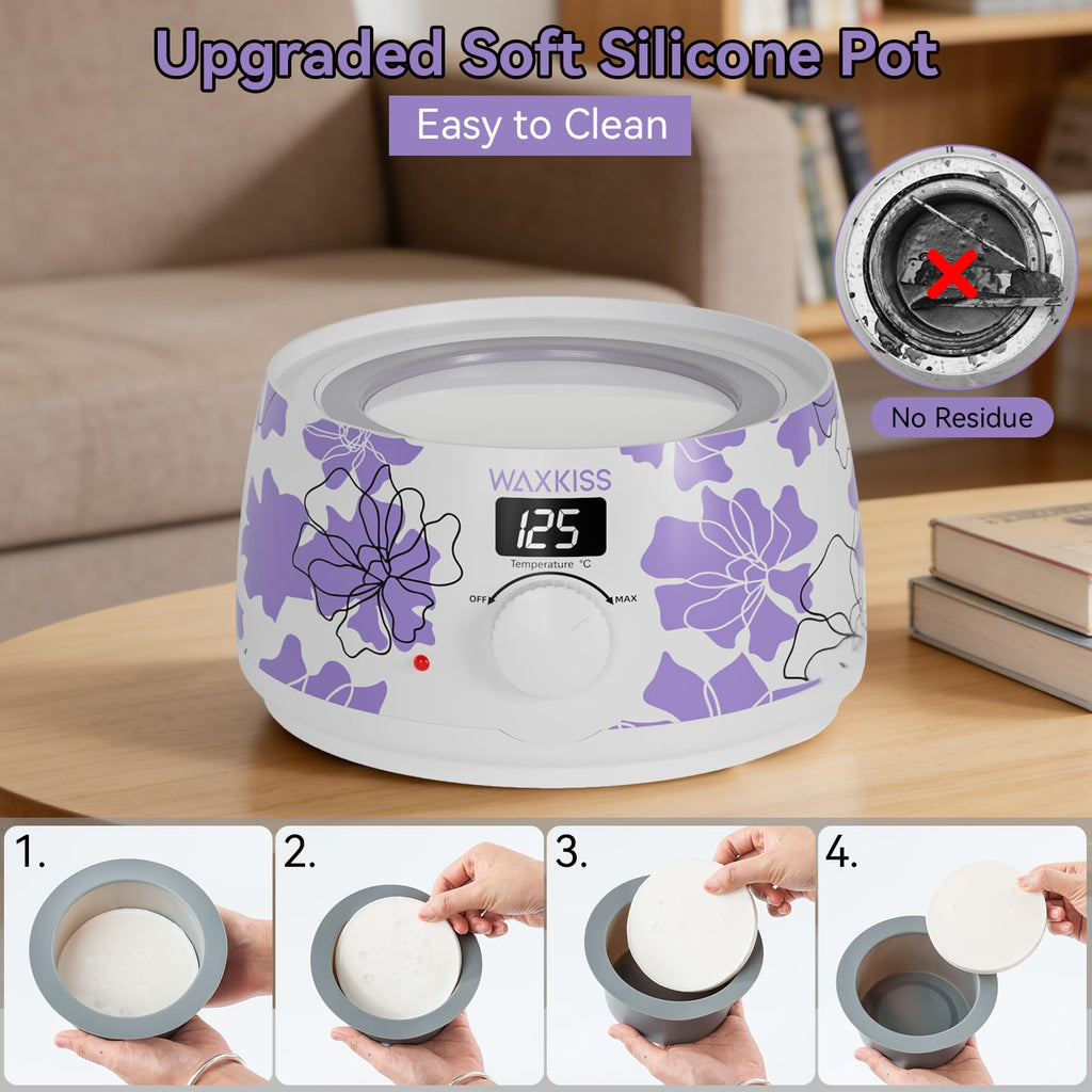 Waxkiss Digital Wax Warmer, White with Purple Floral Prints, 14oz Non-Stick Silicone Pot Hair Removal Heater, Adjustable Temperature with See-Through Lid for Women Men