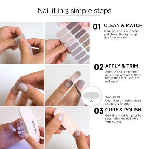 NAILOG Semi Cured Gel Nail Strips, 20Pcs Nude Pink Gold Lasting Gel Nail Stickers, Salon Quality Easy Apply & Remove Works with Any UV/LED Nail Lamps, Belle Epoque