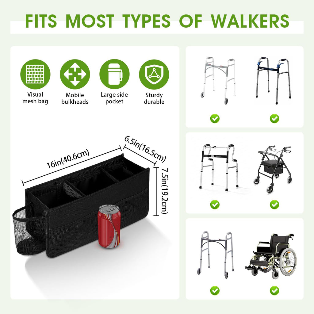 BOHEMIABY Foldable Walker Basket with Cup Holder, Large Walker Bag & Easy Installation, Walker Accessories for Seniors with Limited, Walker Pouch for Water Bottles, Books, Essentials & More
