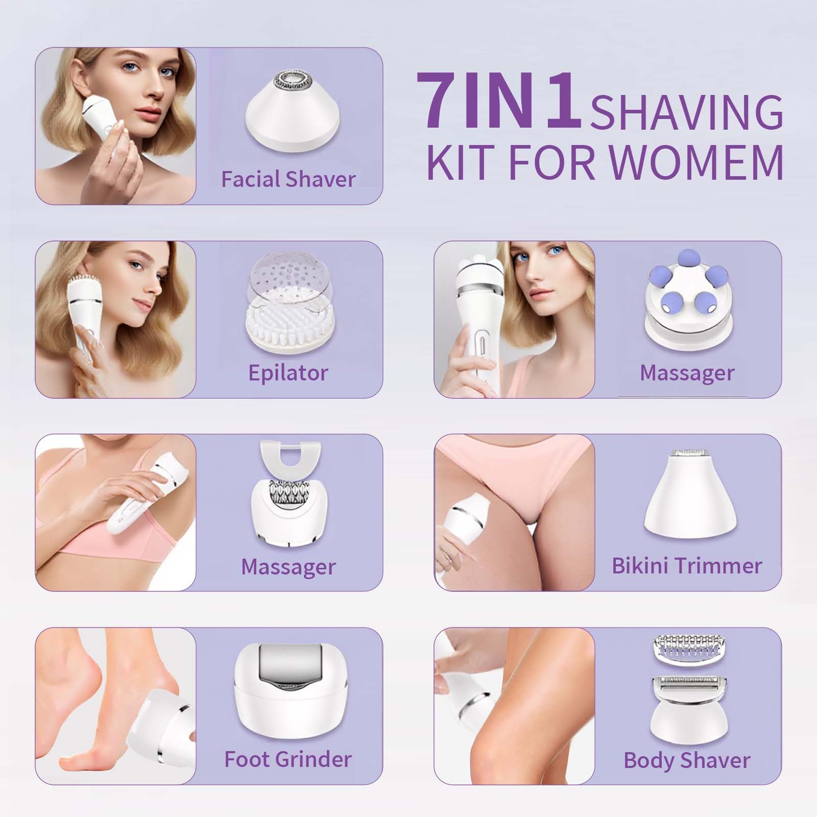 NWUNJ Electric Razors for Women Whole Body: 7 in 1 Hair Removal Kit，Rechargeable Body Shaver - Wet Dry Hair Remover - Trimmer for Lady Face Underarms Public