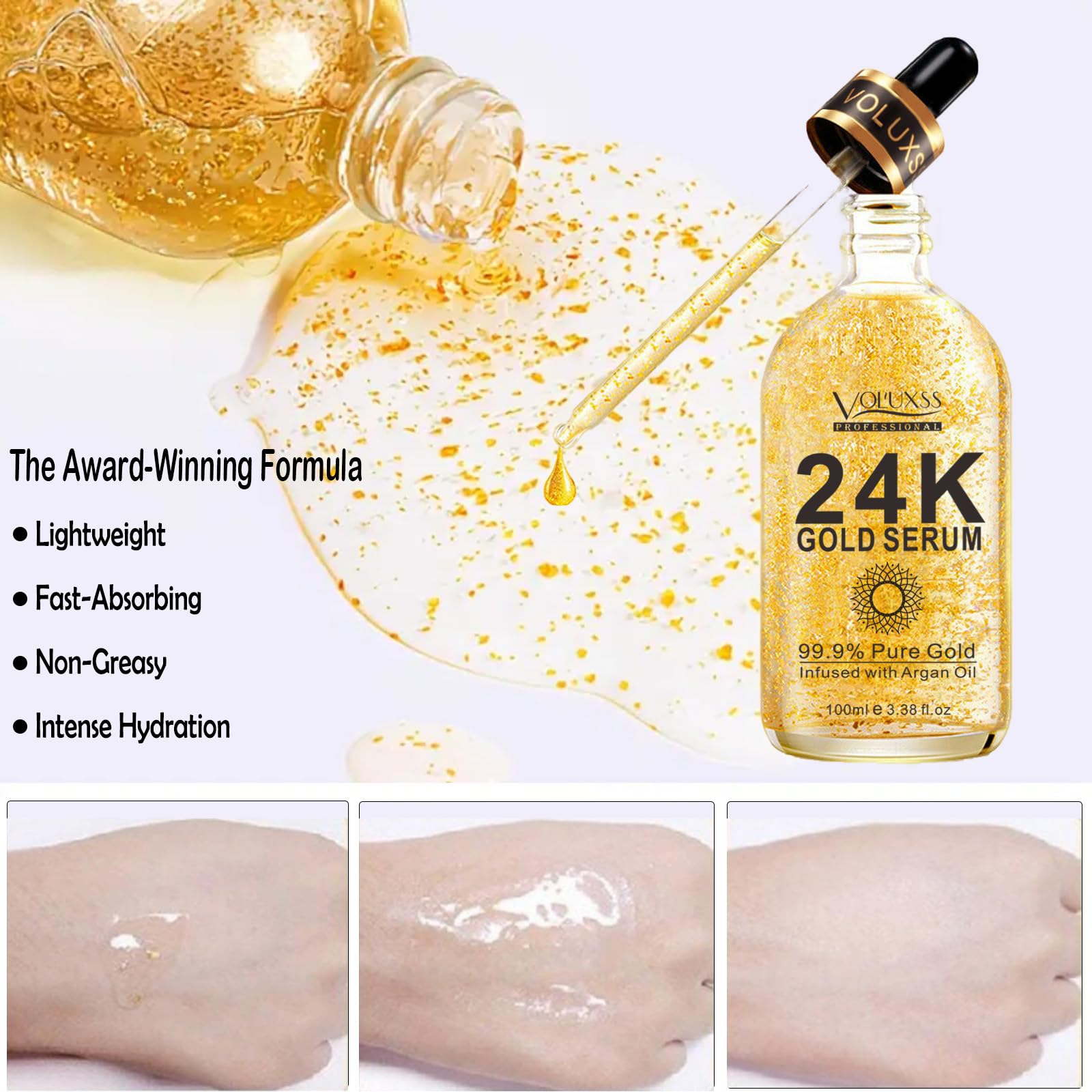 24K Gold Anti-Aging Face Serum 2Pack with Vitamin C & Hyaluronic Acid. Real 24k Gold Serum for face Boosts Collagen, Reduces Dark Spots & Fine Lines for Hydrated, Radiant Skin 6.76fl.oz