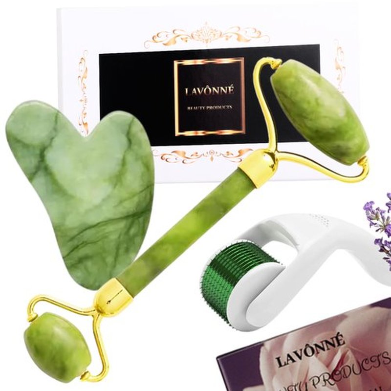 LAVÔNNÉ 100% Authentic Jade Roller and Gua Sha Set for face I Derma Roller I Facial Tools I Real Guasha I Premium Quality I Mother's Day Gift for wife
