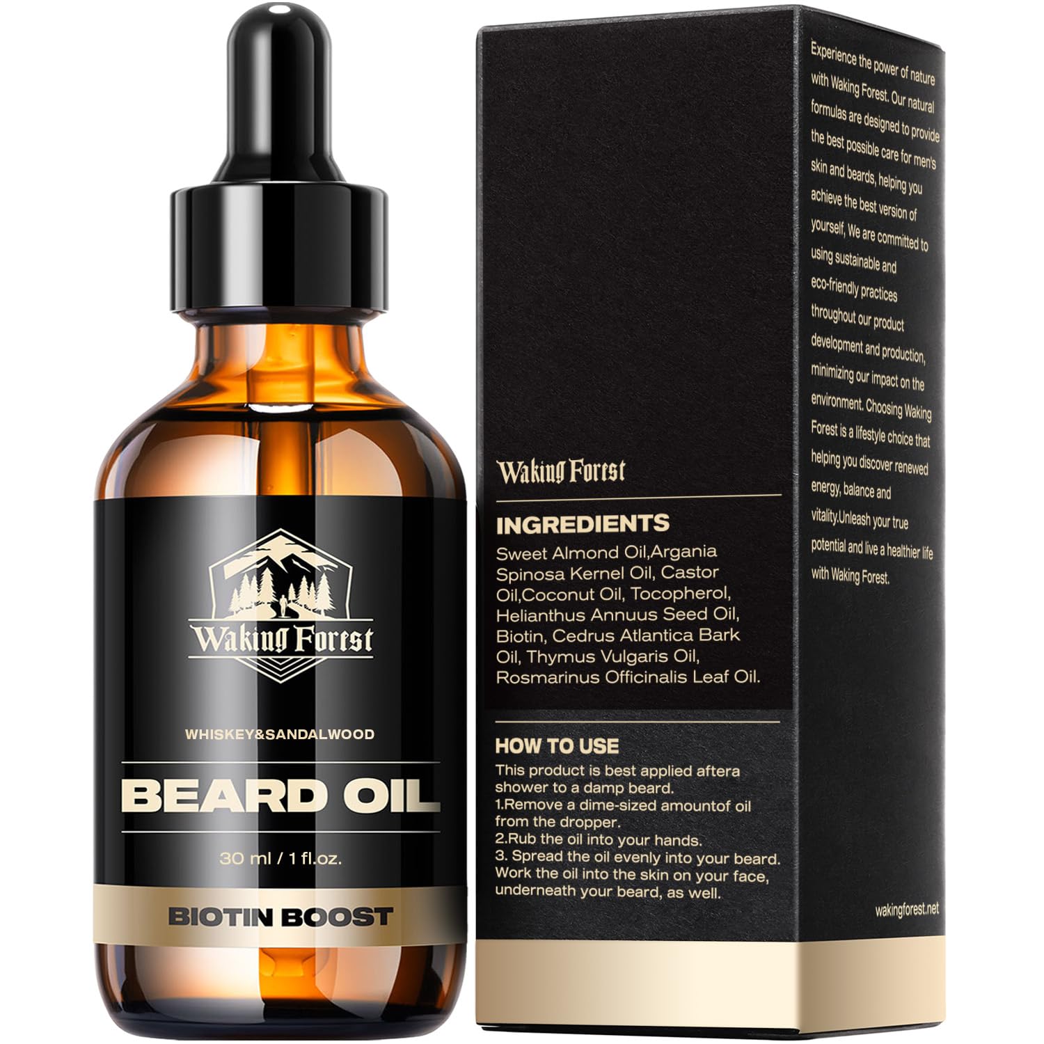 Waking Forest Sandalwood & Whiskey Beard Oil for Men - Biotin Mustache Oil with Vitamin E, Rosemary & Castor - Beard Care Softener, Strengthens, and Moisturizes - Beard Conditioner (1 oz)
