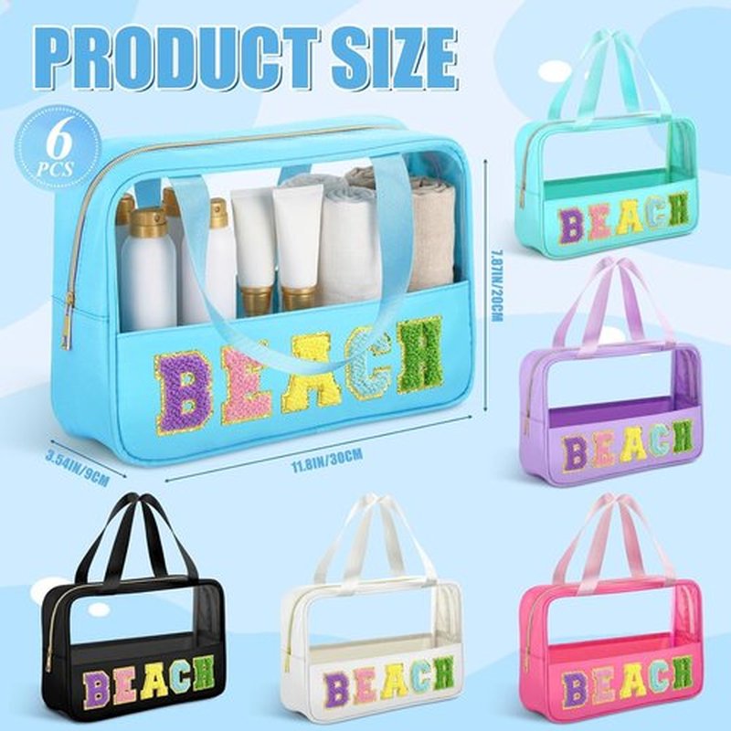 Hillban Clear Beach Makeup Bags - 6 Pcs Waterproof Travel Toiletry Bags with Handle | Large PVC Nylon Cosmetic Set for Summer Vacation