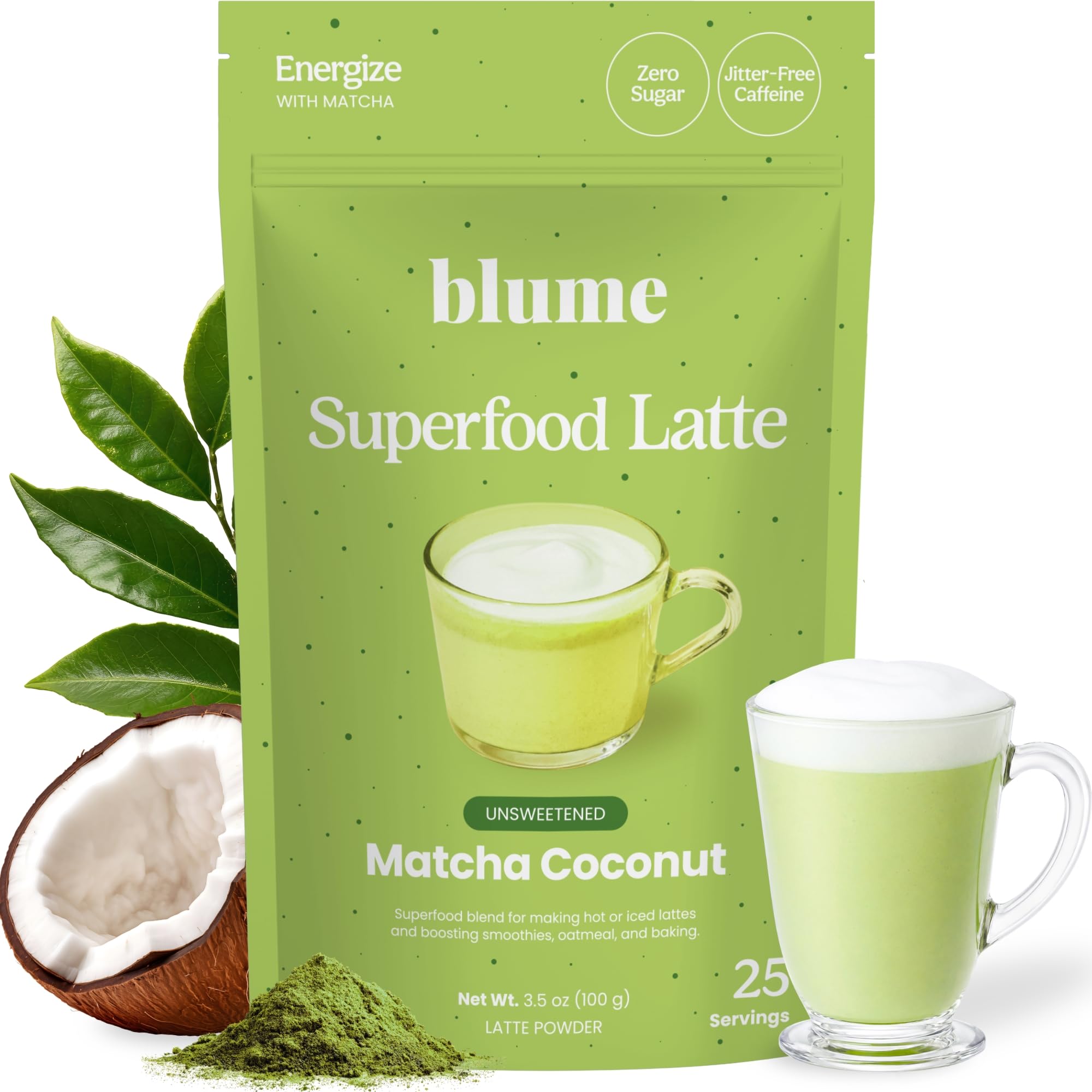 Blume Superfoods Latte - Matcha Powder with Coconut, Natural Caffeine, L-Theanine, All Day Energy & Focus, Sugar-Free, Moringa, Vegan, Organic Matcha Latte from Shizuoka Japan, Green Tea - 25 Servings