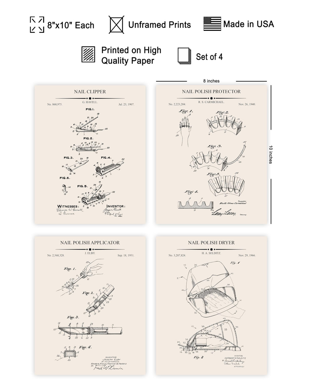 Poster Master 4-Piece Nail Polish Protector Patent Print - Nail Clipper Blueprint Poster - Polish Applicator & Dryer Art - Technical Drawing Wall Design - Salon Decor - 8x10 UNFRAMED Wall Art