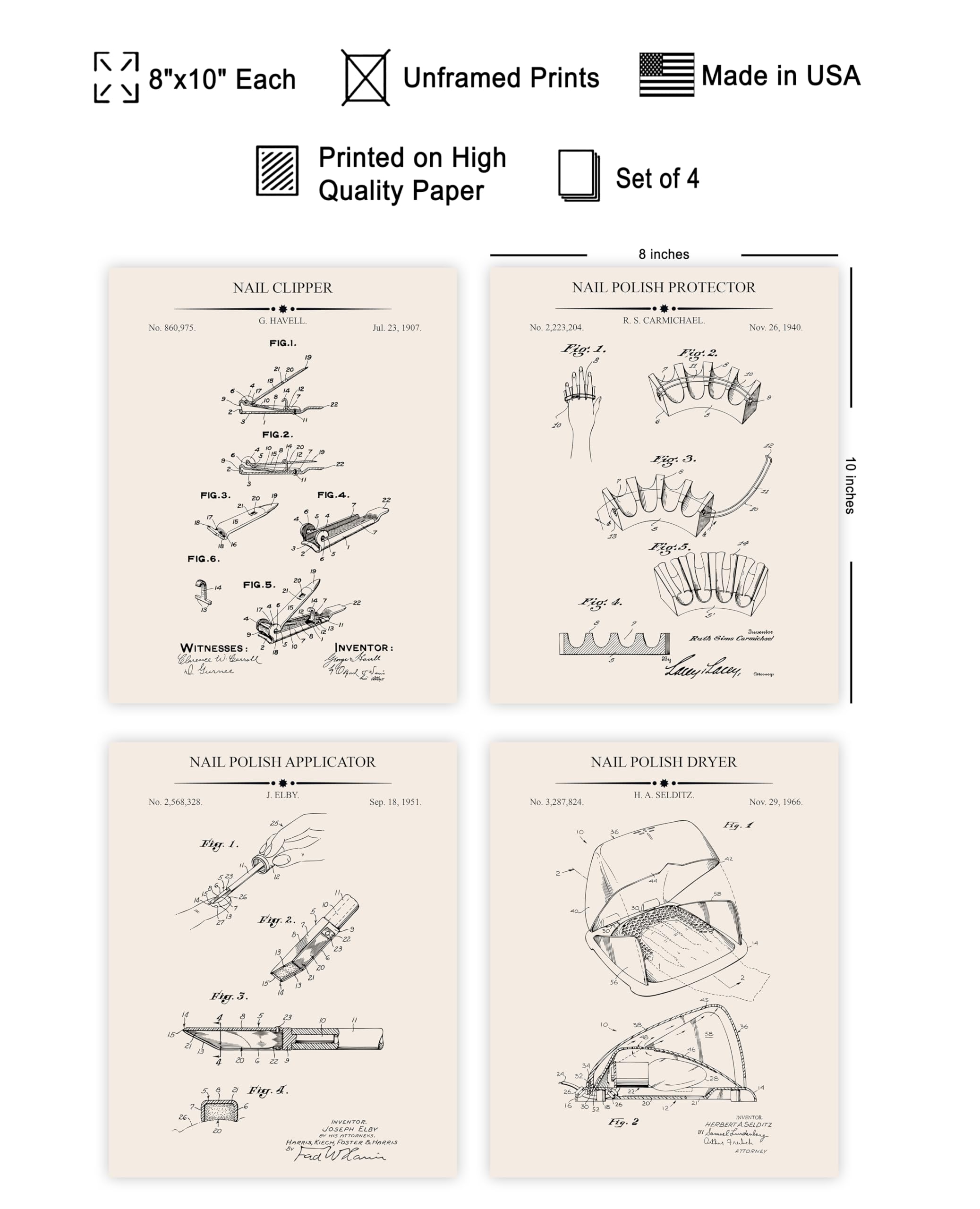 Poster Master 4-Piece Nail Polish Protector Patent Print - Nail Clipper Blueprint Poster - Polish Applicator & Dryer Art - Technical Drawing Wall Design - Salon Decor - 8x10 UNFRAMED Wall Art