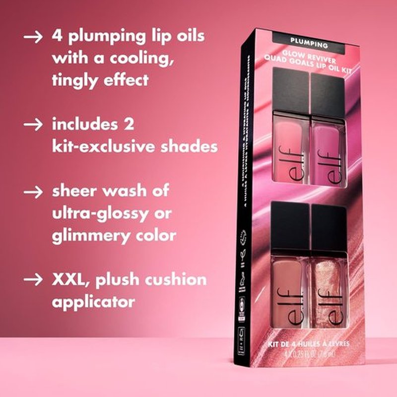 e.l.f. Glow Reviver Plumping Lip Oil Kit - Nourishing Tinted Oils for High-Shine Finish | 4 Vegan Shades
