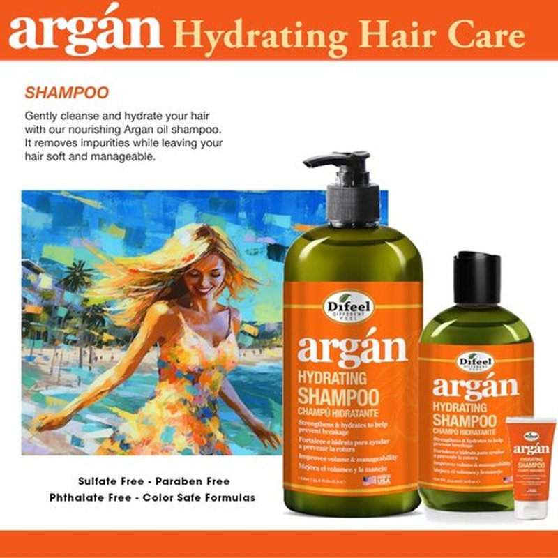 Difeel Argan Hydrating Shampoo - Natural Sulfate-Free Argan Oil Formula | 33.8 oz for Nourished Hair
