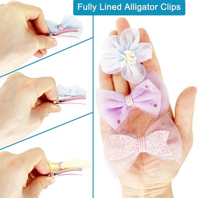 Tulle Glitter Hair Bows for Girls, BETITETO 15 Pieces Cute Handmade Flower Rhinestone Alligator Hair Clips Non-slip for kids Women