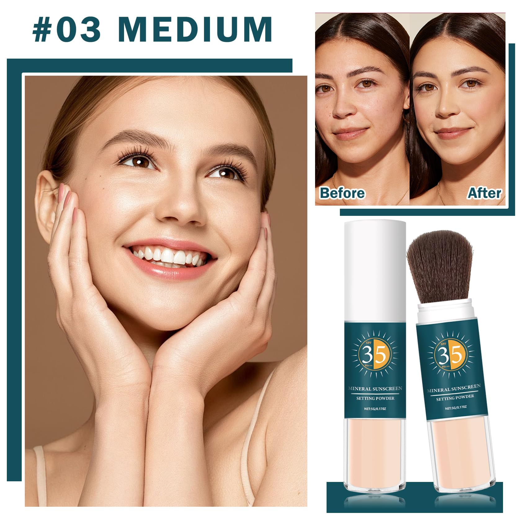 Mineral Powder Sunscreen for Face Oil Control,Broad Spectrum SPF 35,Long Lasting Sunscreen Powder for Face Natural Light Breathable,Protector Solar Para la Cara - 03 Medium