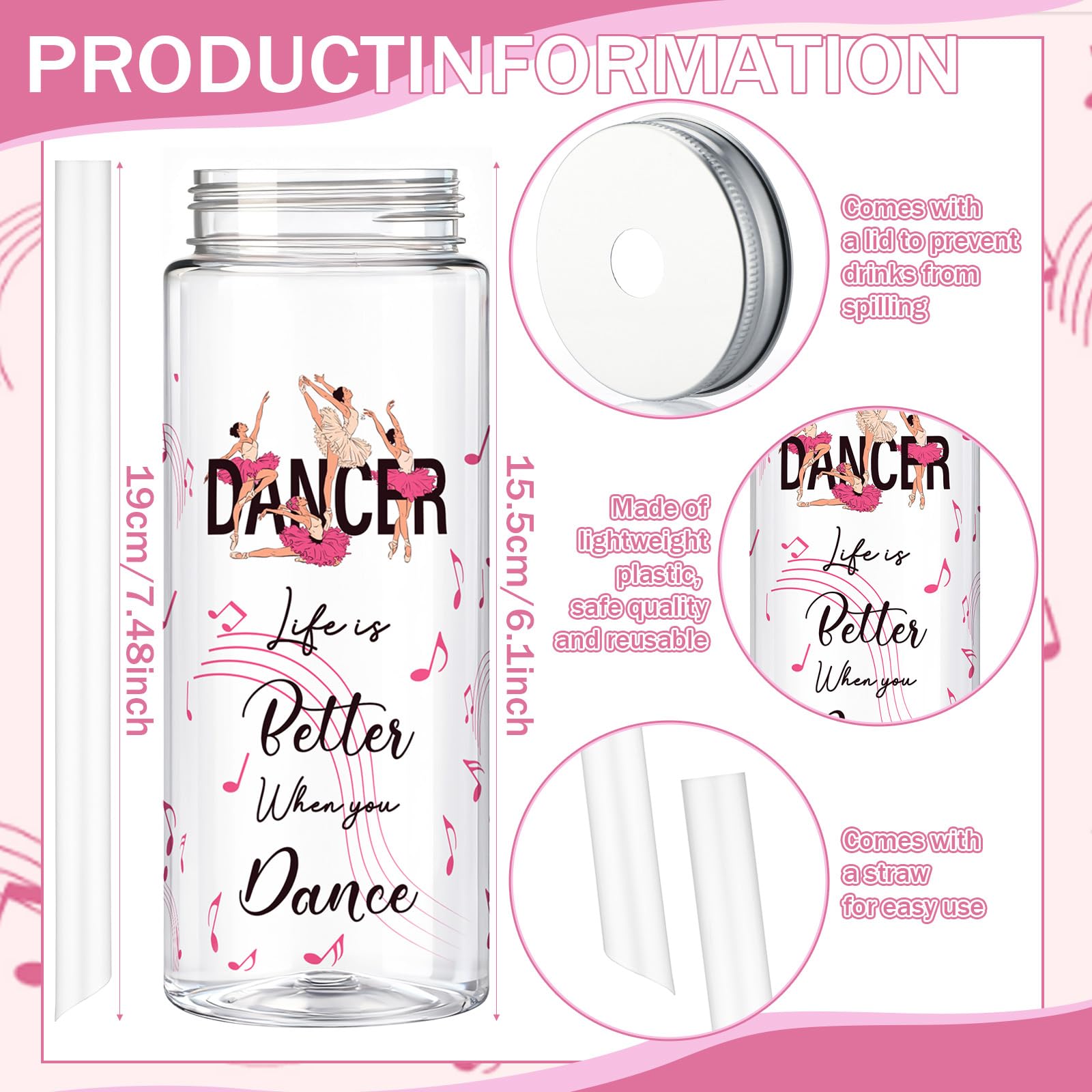 Vesici 24 Pcs Dance Competition Gifts Tumbler Cups with Lids and Straws Dance Lover Dancer Team Gifts Party Favors Plastic Reusable Tumbler for Girls Women Ballerina