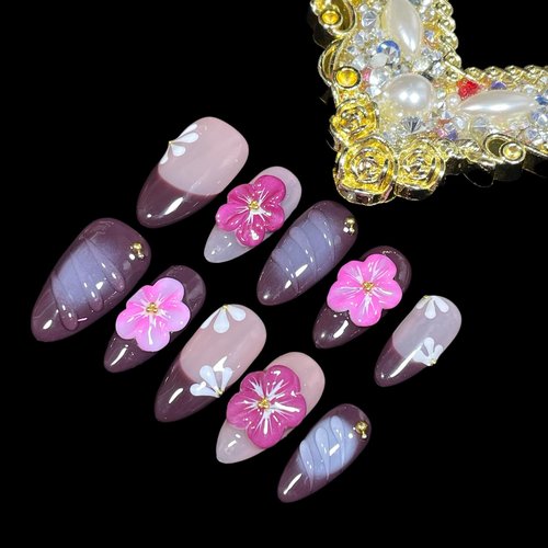 Handmade Press On Nails, 3D Floral Design, Medium Almond Shape, Pink Purple Ombre with Flower Accents, Reusable Acrylic False Nails (Grape, M Size)