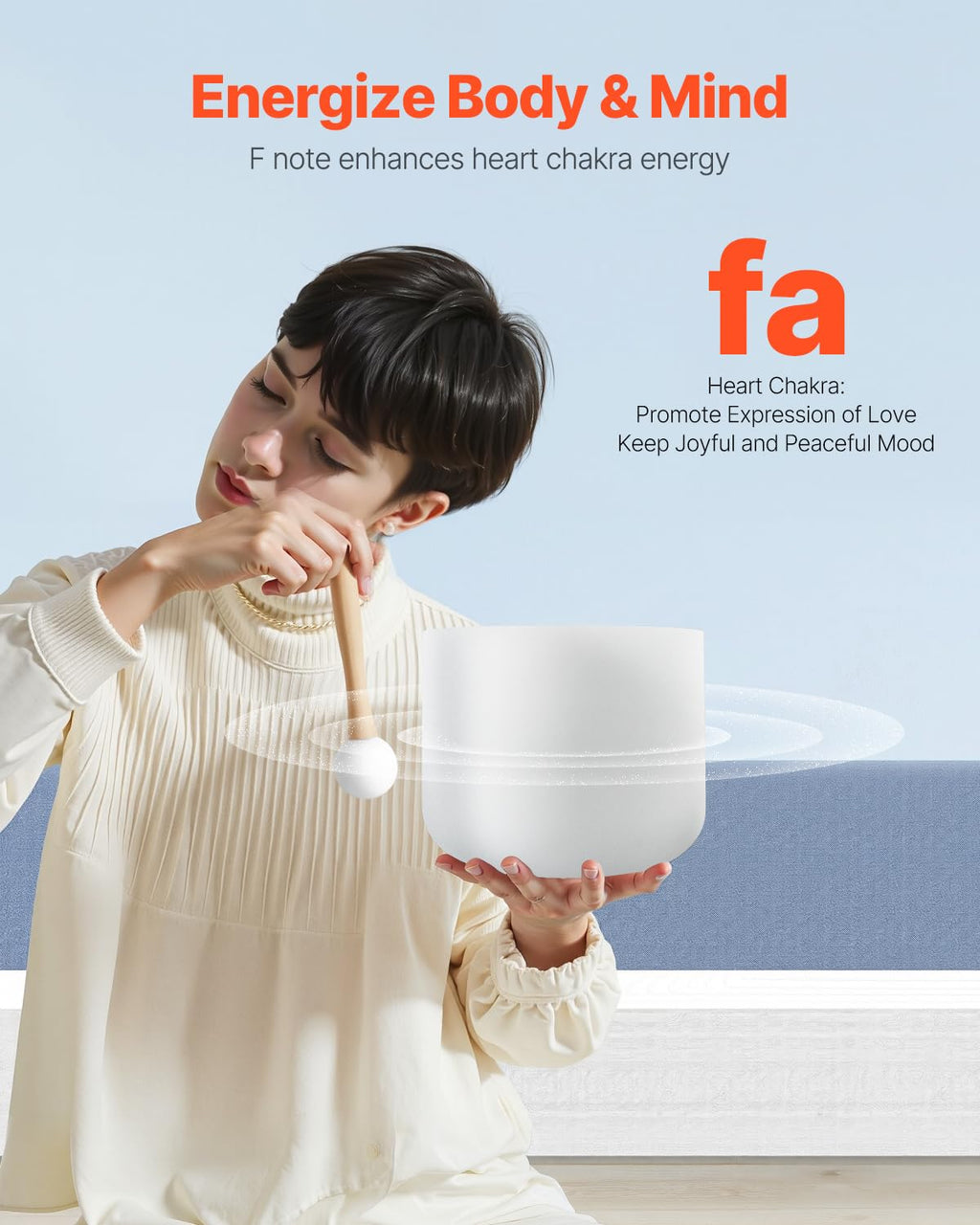 VEVOR Crystal Singing Bowl, 8-inch F Note Heart Chakra Singing Bowl, Portable Frosted Quartz Singing Bowl with Rubber Mallet, O-Ring and 8" Carrying Bag, Perfect for Meditation Yoga Sound Healing Bath