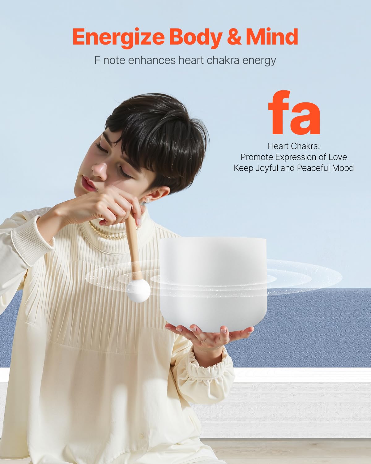 VEVOR Crystal Singing Bowl, 8-inch F Note Heart Chakra Singing Bowl, Portable Frosted Quartz Singing Bowl with Rubber Mallet, O-Ring and 8" Carrying Bag, Perfect for Meditation Yoga Sound Healing Bath