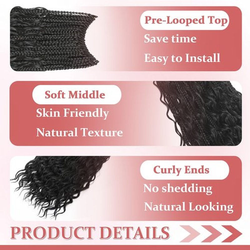 9 Packs Boho Box Braids Crochet Hair 14 Inch Pure Protein Fiber Similar to Human Hair Goddess Box Braids Crochet Hair With Curly Ends Pre Looped Bohemian Braid Hair Extension For Women(14 Inch, 1B)