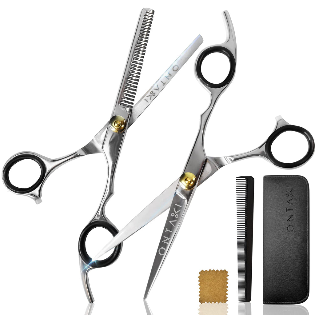 Ontaki Hair Scissors & Thinning Shears Kit - 7 in, Silver, Japanese Steel - Precision Hair Cutting Scissors - Ergonomic Comfort Grip with Thinning Shear - Includes Styling Comb & Pouch