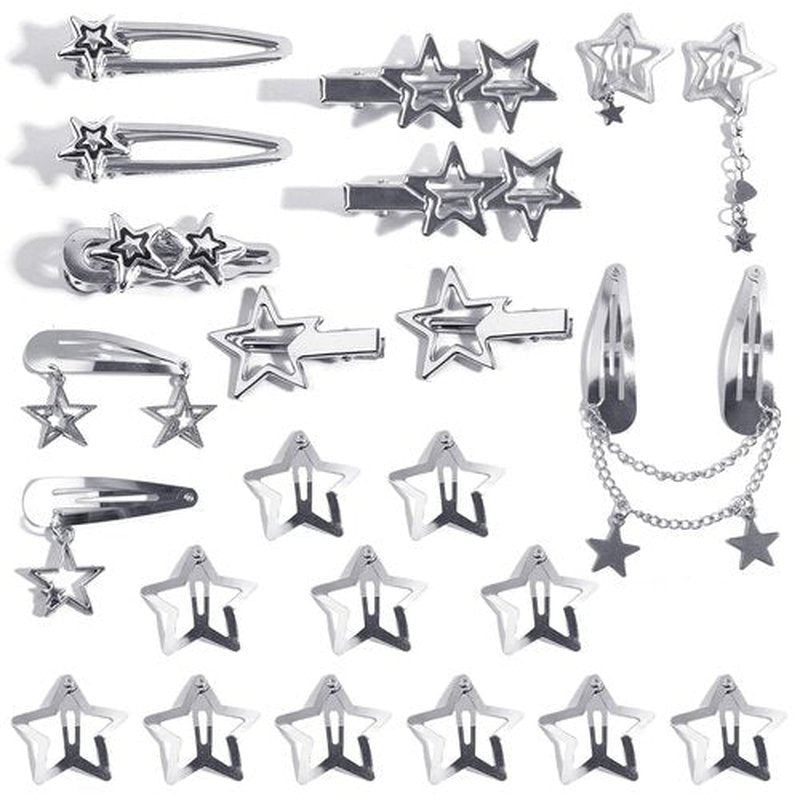 24pcs Y2K Star Hair Clips - Cute Silver Snap Clips for Women, Star Shaped Hair Accessories, Ideal for Emo, Grunge, Punk & 2000s Fashion