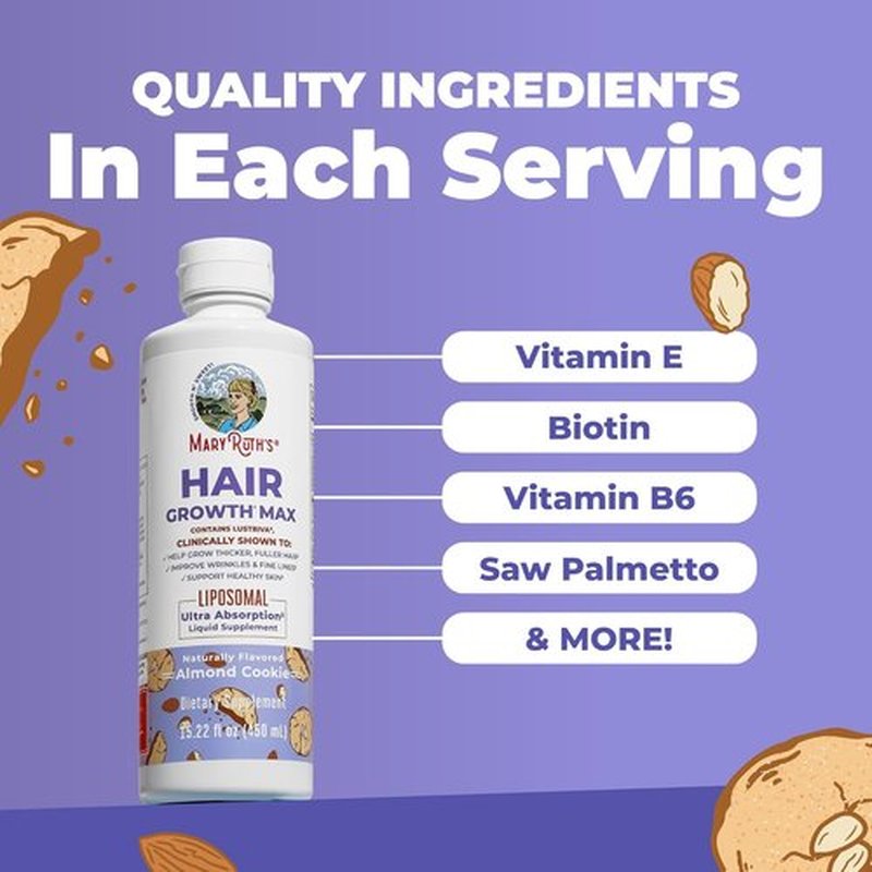 MaryRuth Organics Hair Growth MAX Liposomal - Lustriva® & Biotin 10000mcg | Thicker Hair & Skin Care | 15.22 Fl Oz