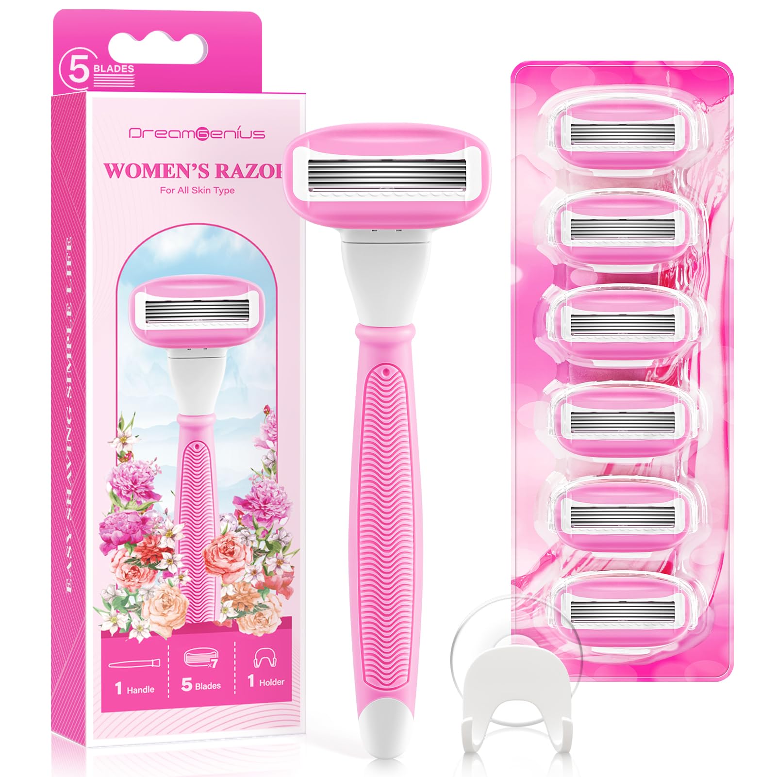 Razors for Women Include 1 Handle and 7 Cartridges, Disposable Razor with 360° Lubrication Reduces Irritation, Pink