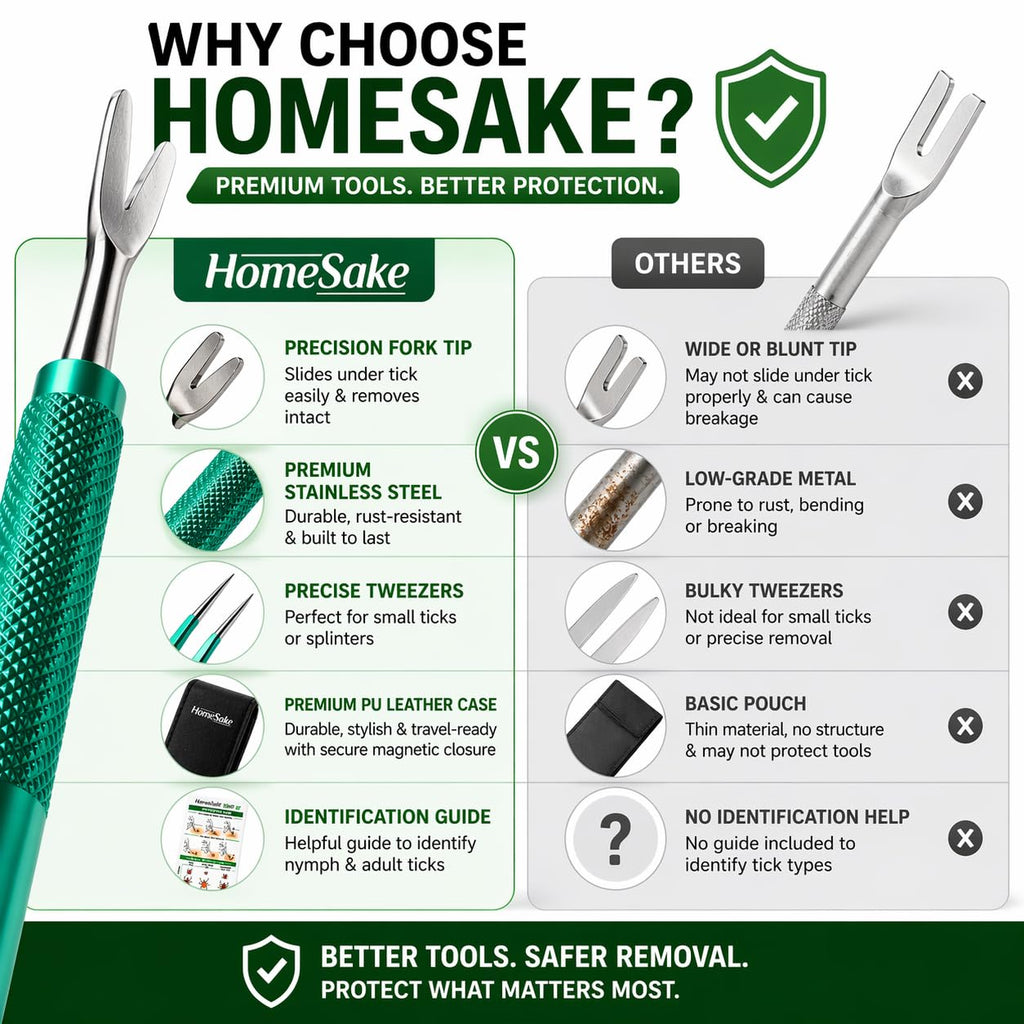 Homesake Tick Remover Tool for Dogs, Cats & Humans | Deer Tick Remover Kit | Stainless Steel Tick Removal Tool with Fine Tip Tweezers | Removes Entire Tick Head & Body | Pouch & ID Card