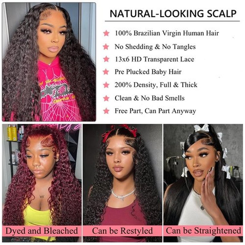 Megeen Deep Wave Lace Front Wigs Human Hair Pre Plucked 200 Density 12A Deep Curly Glueless HD Wet and Wavy Lace Frontal Wigs with Baby Hair for Women Natural Color 24 inch Deep Wave Wig