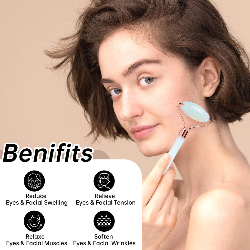 Olaemuo Opal Gua Sha and Face Roller, Real Jade Gua-Sha Stone Facial Tools Set for Reduce Puffiness, Body Guasha Tool for Relieve Neck Tension, SinkCare Beauty Massager as Present for Women,Opal
