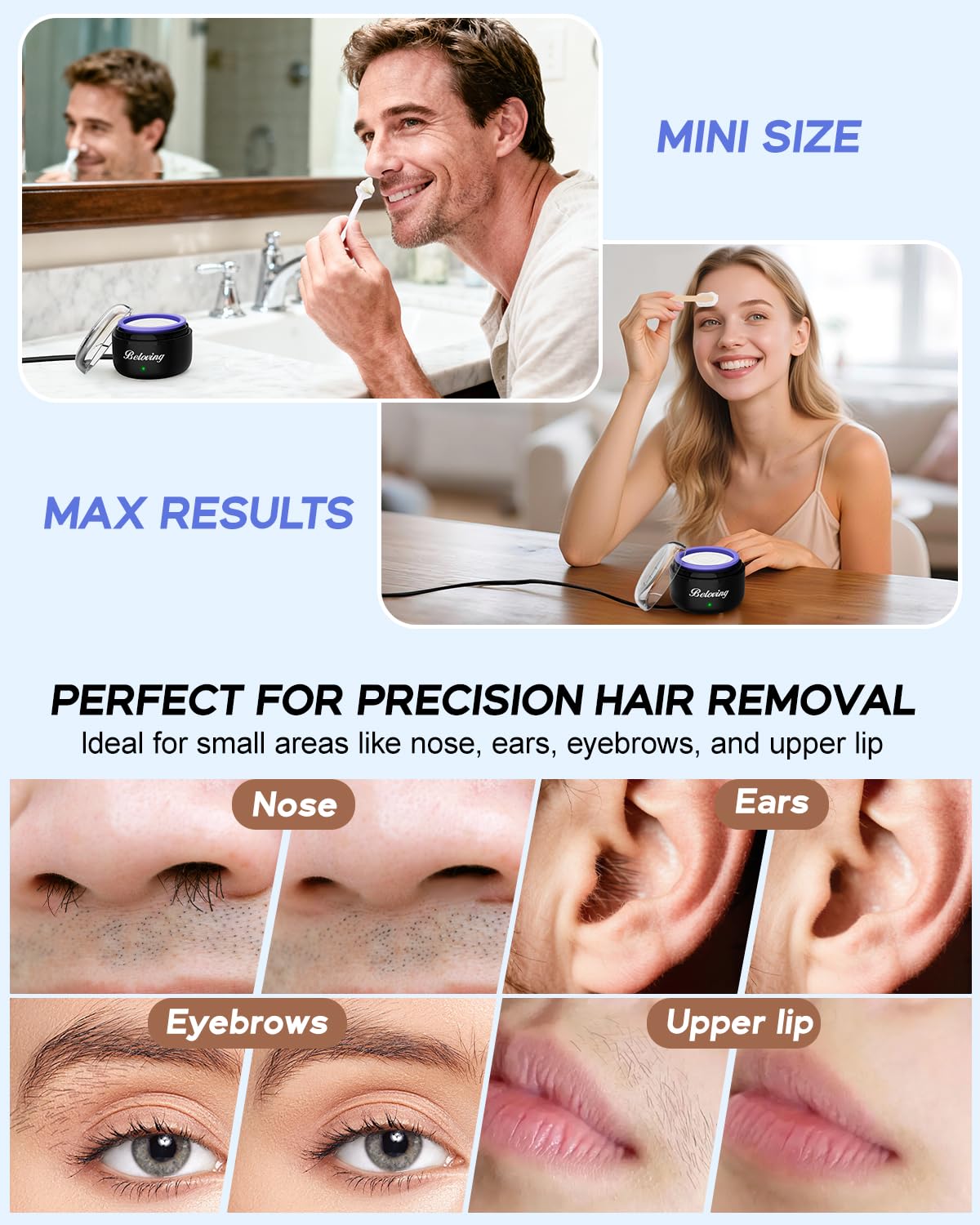 Nose Wax Kit, Mini Wax Warmer for Eyebrow Ear Hair Removal, Waxing Kit for Women Men with 100g Beads, 10 Applicators, 10 Nose Sticks, Portable at Home Waxer Melter Machine Kit for Face Waxing - Black