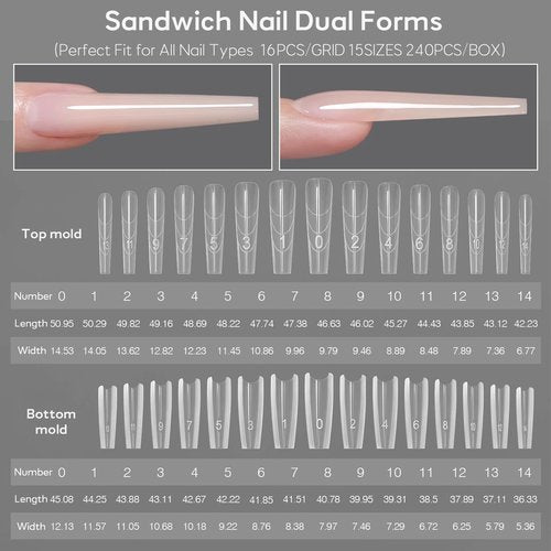 Sandwich Nail Dual Forms for Builder Gel, 240Pcs 15 Sizes Long Coffin Forms Kit – Prevents Gel Stacking & Warping, Beginner-Friendly Reusable Nail Molds for Quick Salon Extensions