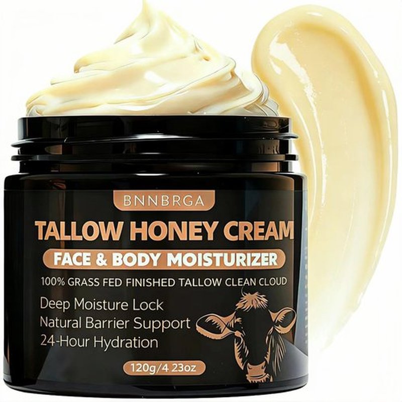 BNNBRGA Organic Grass-Fed Beef Tallow for Skin – Moisturizing Cream with Raw Honey, Handmade All-Natural, for Soft Smooth Skin （4 Oz ）