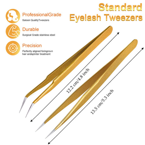 2 Pieces Straight and Curved Tip Tweezers Eyelash Extension Tweezers, Stainless Steel False Lash Application Tools (Gold)