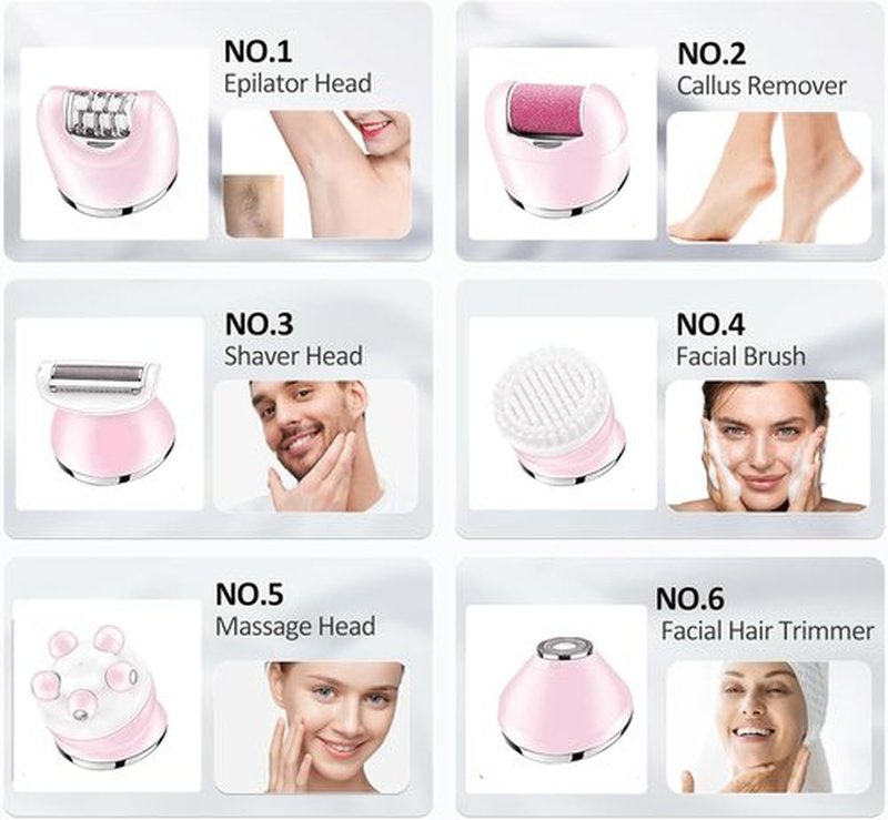Skiennix 6-in-1 Epilator for Women - Waterproof Hair Removal, Shaver & Facial Brush | Pink