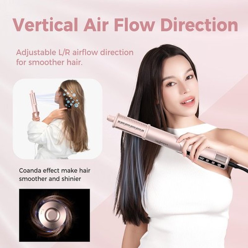 Atopskins 8-in-1 Hair Dryer Brush & Hot Air Styler, 110,000 RPM Blow Dryer Brush Foldable LCD Display, 4 Heat Settings Auto Curler Fast Drying Curling Straightening for Salon & Travel (Pink)