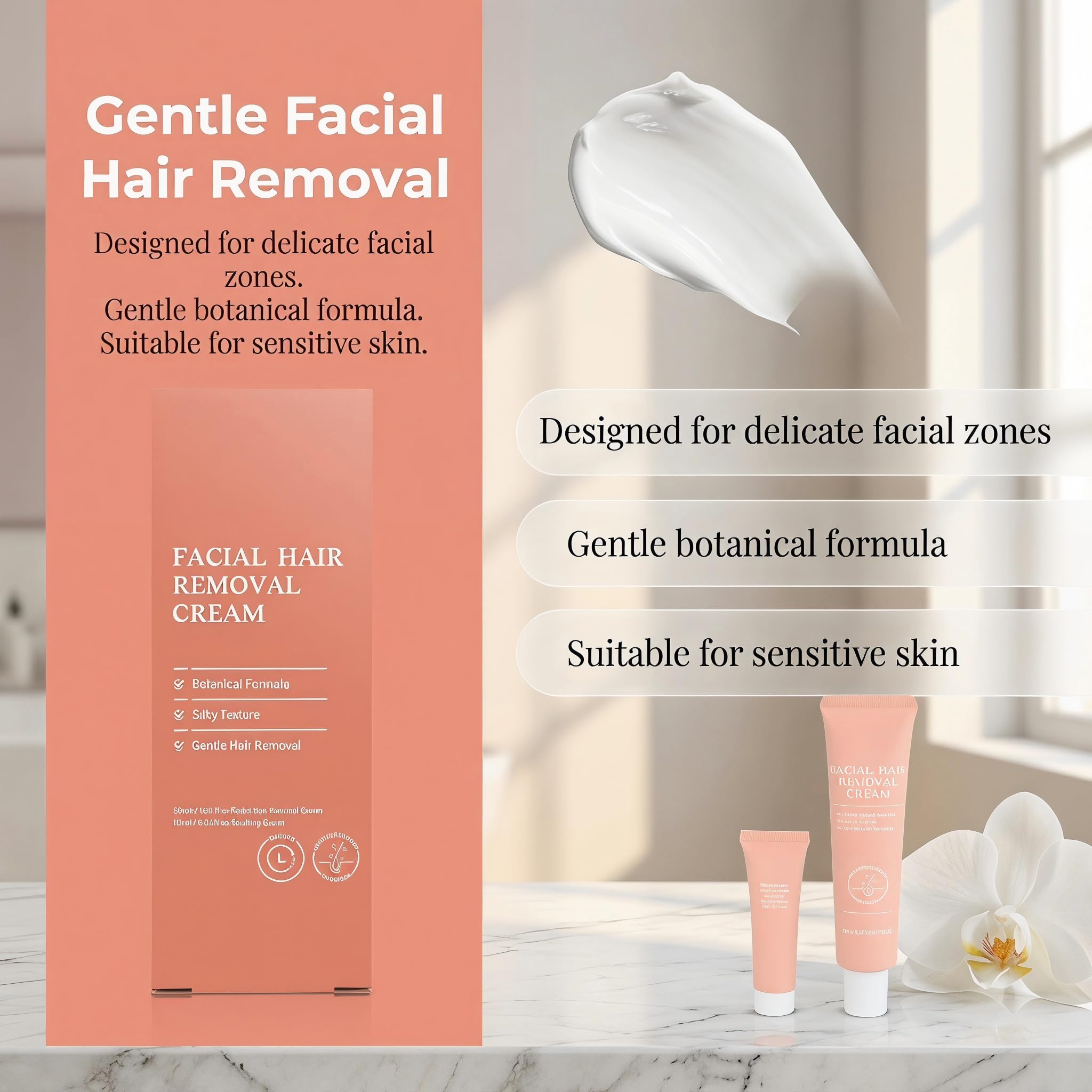 Female facial hair removal cream - painless and gentle hair removal cream for upper lip, chin, and face, containing spatula, 4-Minute At-Home Sensitive Skin Hair Remover, 2.37FI Oz.