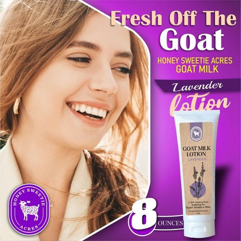 Honey Sweetie Acres Fresh Off The Goat All-Natural Goat Milk 8 oz Lavender Body Lotion is a cruelty-free, handmade lotion that hydrates and moisturizes - Made in the USA