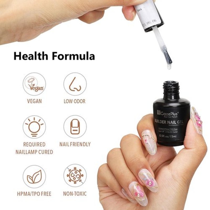 GAZEPLUS 3Pcs 15ml Builder Nail Gel with Base and No Wipe Top Coat Set 10-in-1 Clear Builder Gel With Top and Base Coat Shine Finish and Long Lasting for Christmas Gift Nail Extension Strengthener