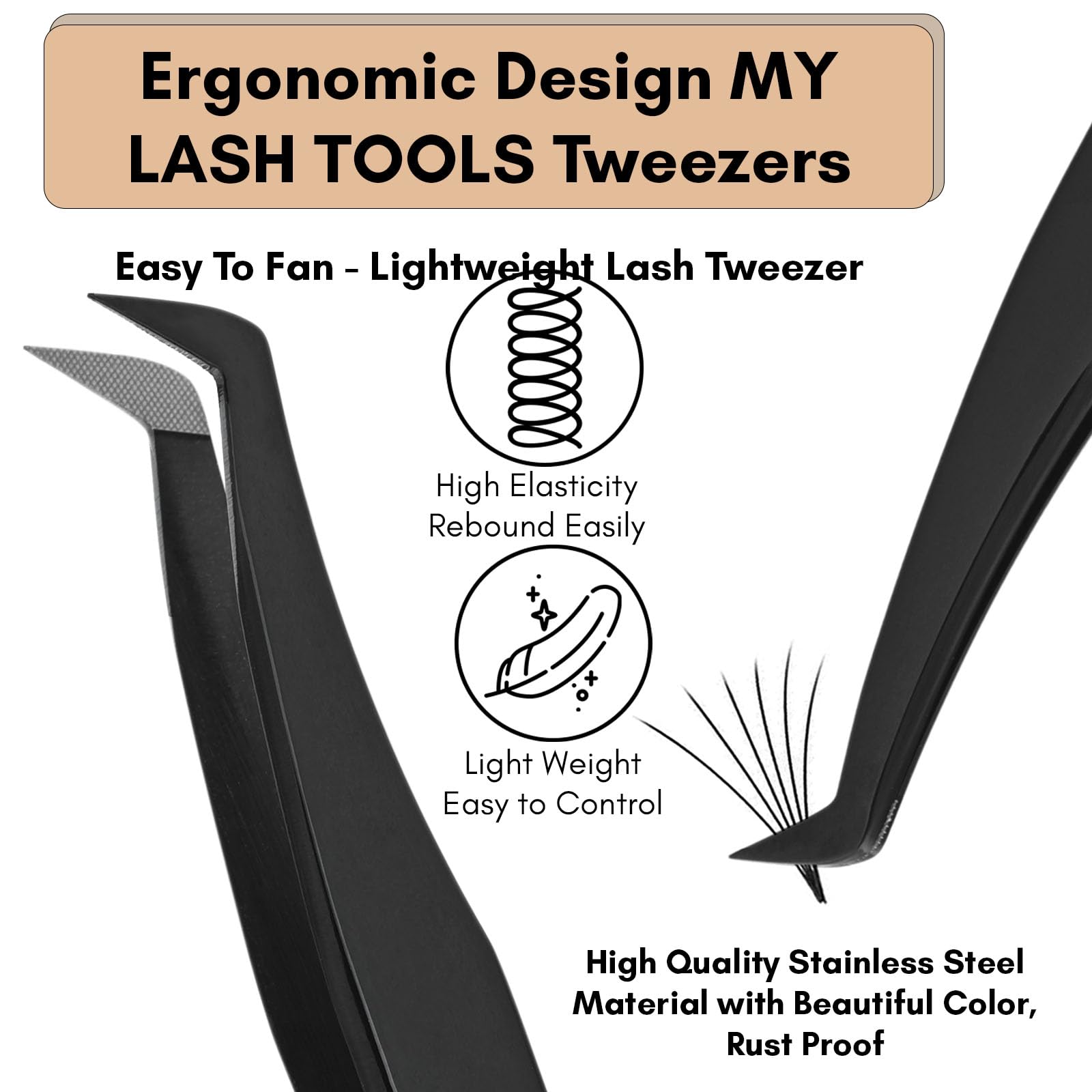 Fiber Tip Lash Tweezers for Eyelash Extensions – Mega Volume Precision Tweezer, Stainless Steel, Non Slip Grip, Professional Classic Lash Tool for Volume Fans (Black)