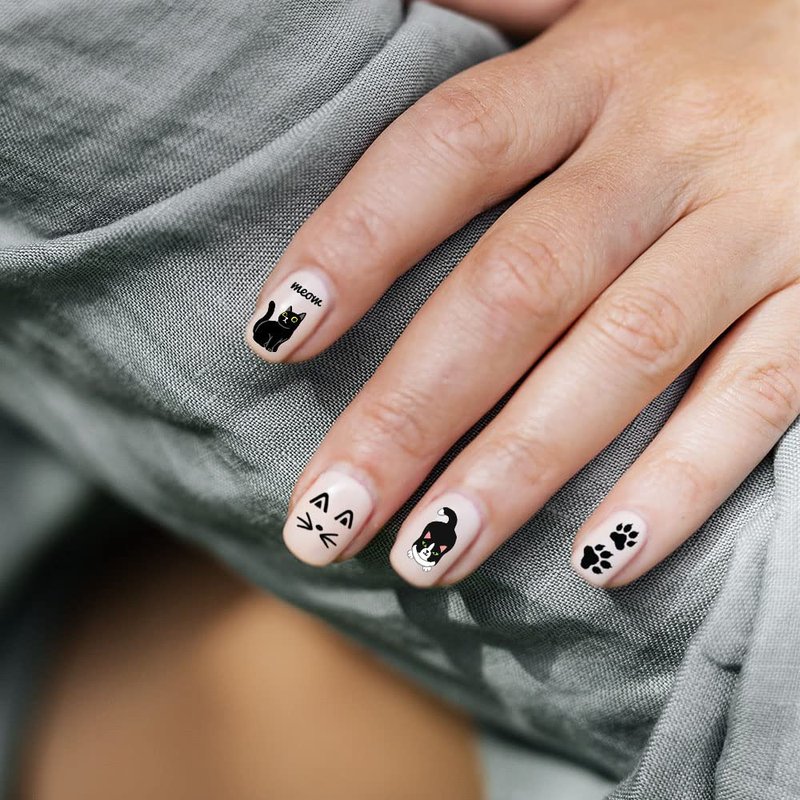 WIRESTER 8 Sheets of Nail Art Stickers Decals - Self-Adhesive Nail Decals for Women Kids Girls - Cats (Cat Face, Cat Paws, Fish Bone, Meow, Heart, Bow Tie)
