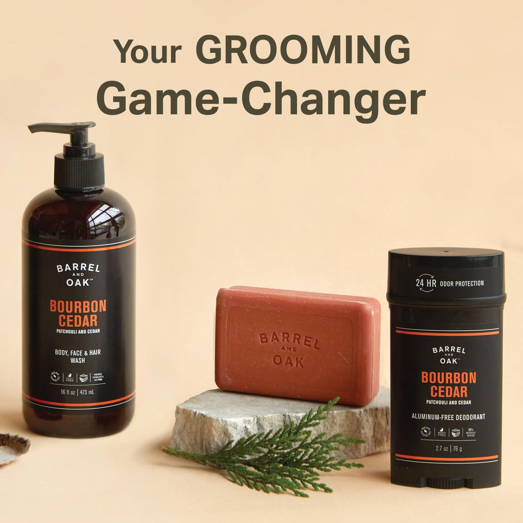 Barrel & Oak Bourbon Cedar Body Care Set for Men, All-in-One Body Wash, Exfoliating Bar Soap, & Aluminum-Free Men’s Deodorant, Vegan Grooming Kit, Gifts for Men, 3-Pack