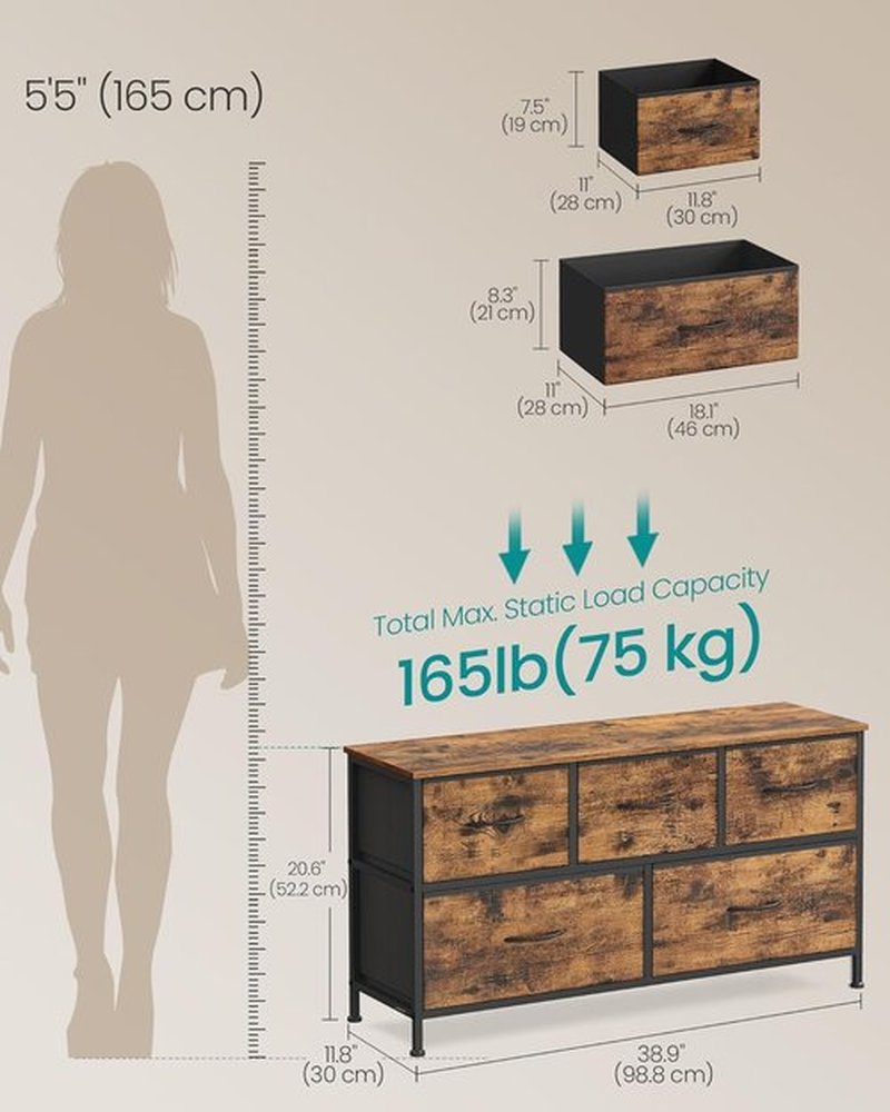 SONGMICS Dresser - 5-Drawer Storage Organizer Unit in Rustic Brown & Ink Black | Stylish Bedroom Chest