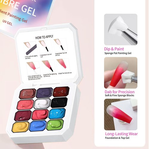 finger secret 12 Colors Ombre Gel Pat Nail Polish Set,Ombre Pigment for Nails,Gradient Painting Blooming Gel with 100Pcs Nail Sponges for 3D Gels Nail Art Patting in Salon or Home Use